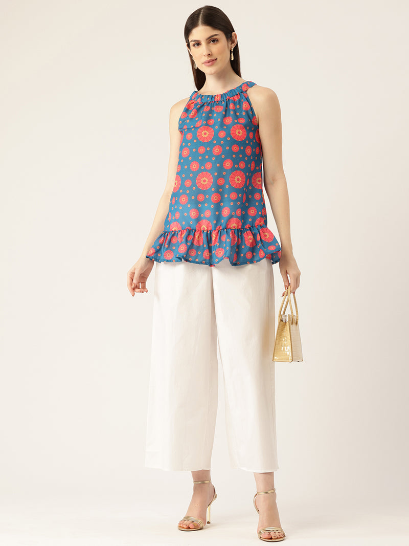 Cropped Sleeveless Elasticated Neck Bottom Flared Top with digital print on linen fabric.  | Size- Small |  Colour - Blue, Red, Yellow
