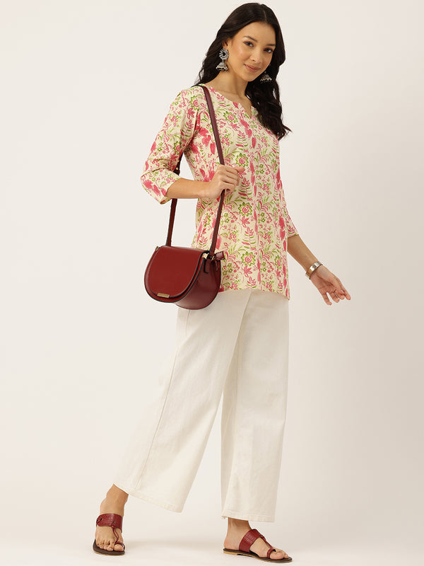 3/4 Sleeve Round Neck Vcut top Cream Colour