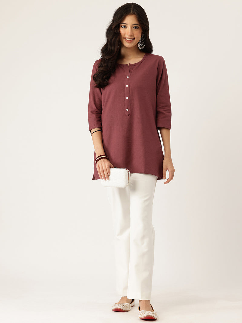 Elegant Short Kurti for Women –Button Detailing & 3/4 Sleeves | Round Neck |