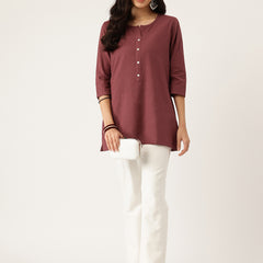 Elegant Short Kurti for Women –Button Detailing & 3/4 Sleeves | Round Neck |
