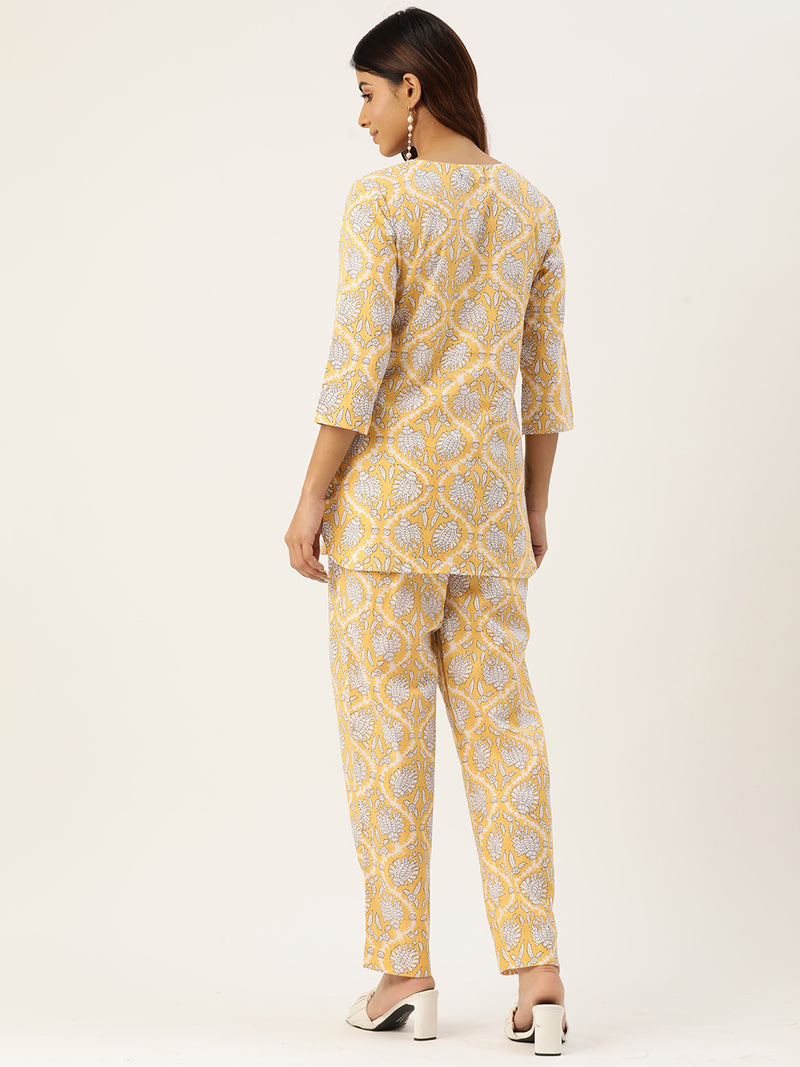 Yellow Printed Cotton Night Suit with V-Neck Kurti & Ankle-Length Pants