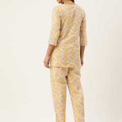 Yellow Printed Cotton Night Suit with V-Neck Kurti & Ankle-Length Pants