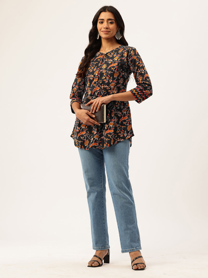 Inner Yoke Short Kurti for Women - Button Detail & 3/4 Sleeves