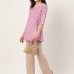 Floral Print Angrakha 3\4 Sleeves Flared Kurti