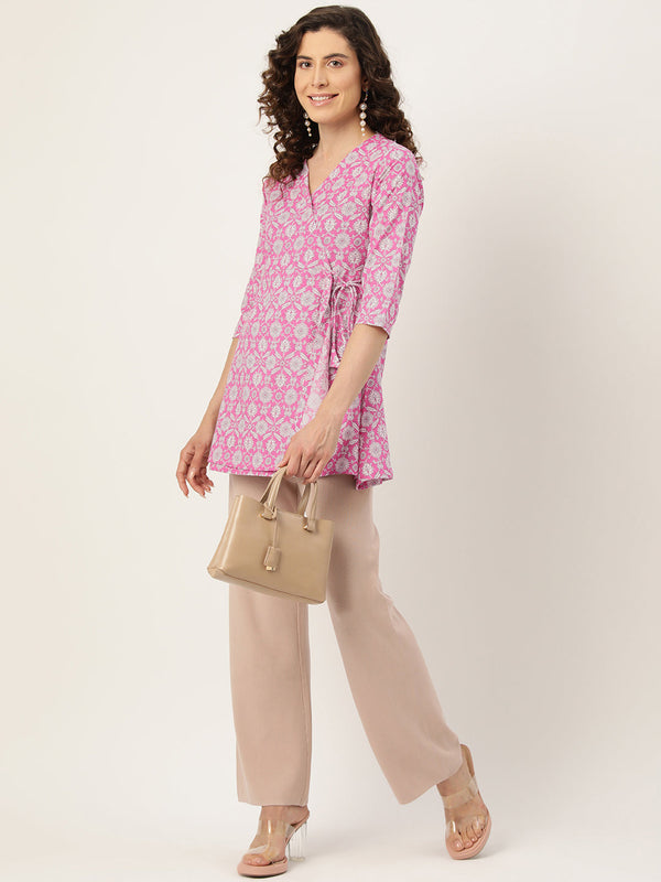 Floral Print Angrakha 3\4 Sleeves Flared Kurti