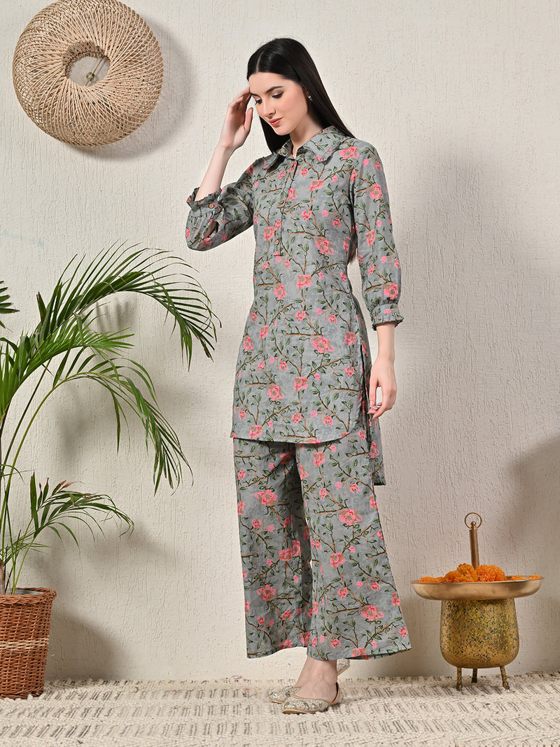 Grey Elegant Collared Co-Ord Set with Frill Detail & Elasticated Pants