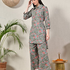 Grey Elegant Collared Co-Ord Set with Frill Detail & Elasticated Pants