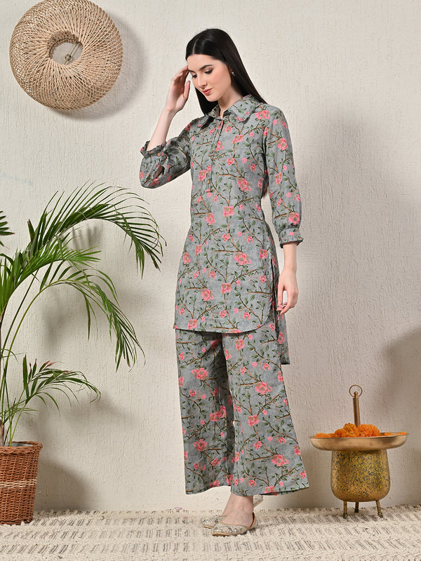 Grey Elegant Collared Co-Ord Set with Frill Detail & Elasticated Pants