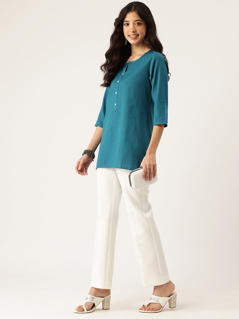 Elegant Short Kurti for Women –Button Detailing & 3/4 Sleeves | Round Neck |