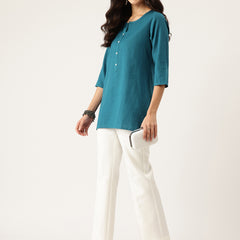 Elegant Short Kurti for Women –Button Detailing & 3/4 Sleeves | Round Neck |