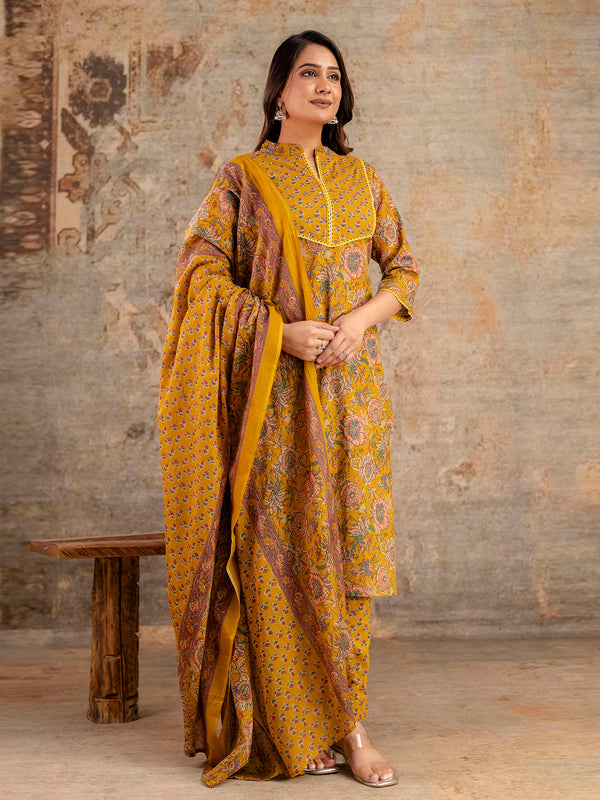 Pure Cotton Mustard Printed 3-Piece Kurta Set with Dupatta