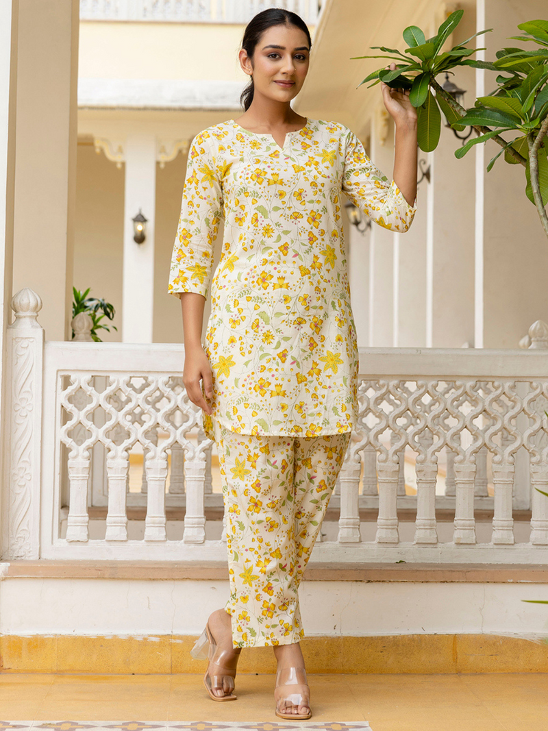Yellow Breezy Printed Cotton Co-Ord Set for Comfortable All-Day Wear