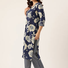 Bodered V-Neck 3-Piece Kurta Set with Ankle-Length Pants & Full-Length Dupatta (Size S-XXL).