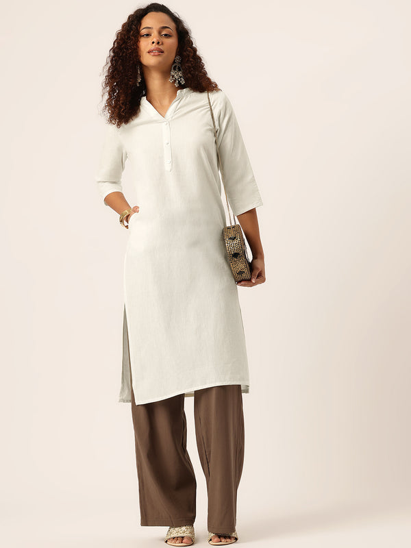 Women’s Solid Long Kurti with Mandarin Collar, 3/4 Sleeves & Pocket | Plain Elegant Cotton Kurta for Daily & Office Wear