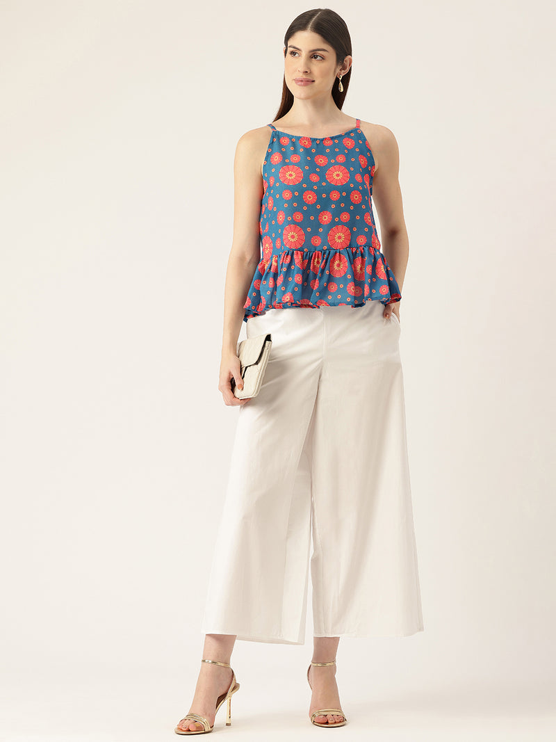 Cropped Sleeveless strap Peplum top with digital print on linen fabric. | Size- Small | Colour - Royal Blue, Red