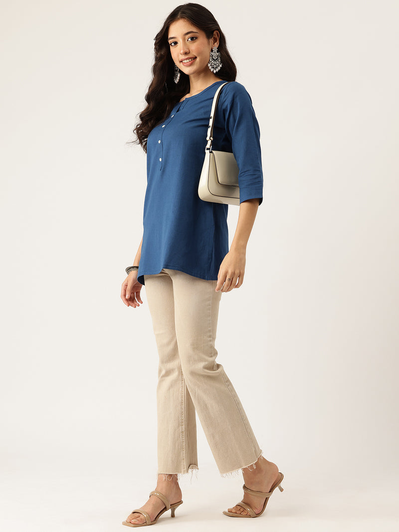 Elegant Short Kurti for Women –Button Detailing & 3/4 Sleeves | Round Neck |