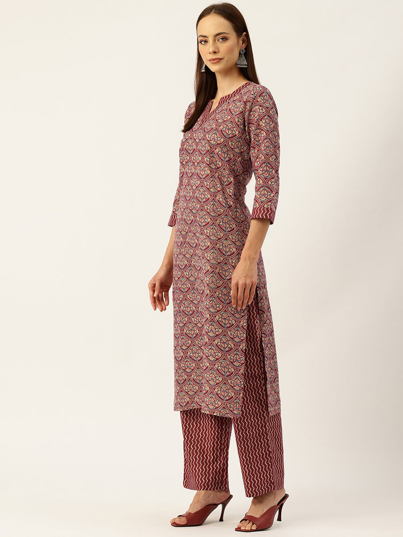 Round V-Cut Neck 3-Piece Kurta Set with Ankle-Length Pants & Full-Length Dupatta (Size S-XXL).