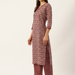 Round V-Cut Neck 3-Piece Kurta Set with Ankle-Length Pants & Full-Length Dupatta (Size S-XXL).