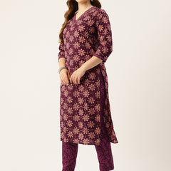 Straight Dupatta Sets - V-Neck, 3/4 Sleeves with Border Detailing, Elastic Waistband Pants with Pockets & Full-Length Dupatta (M-XXL)