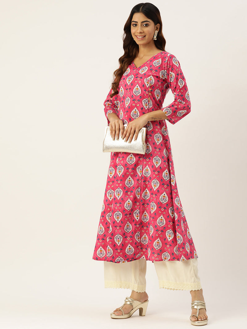 Floral Print 4 Button Angrakha Long Kurti