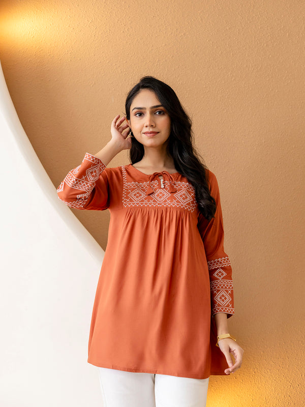 Solid Hip Length Embrioded 3/4 Sleeves Kurti