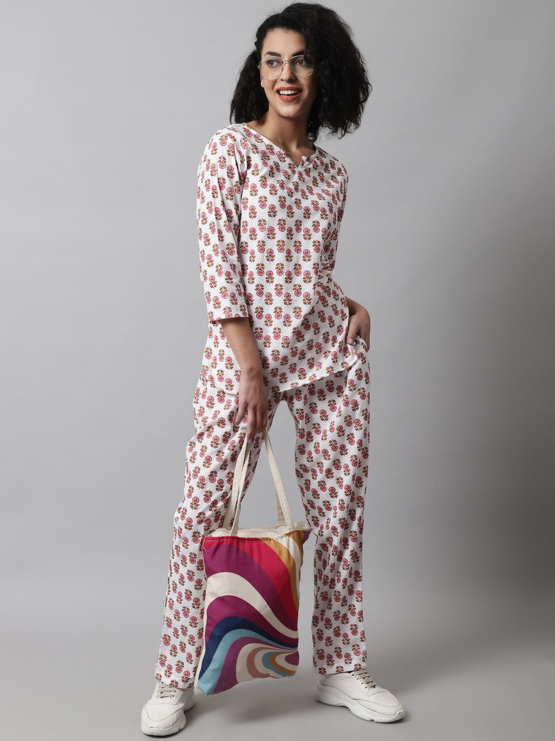 White Printed Cotton Night Suit with V-Neck Kurti & Ankle-Length Pants