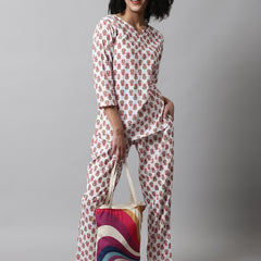 White Printed Cotton Night Suit with V-Neck Kurti & Ankle-Length Pants