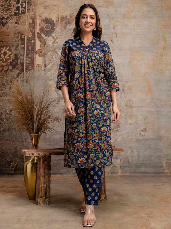 Pure Cotton Blue V-Neck 3-Piece Kurta Set with Printed Dupatta