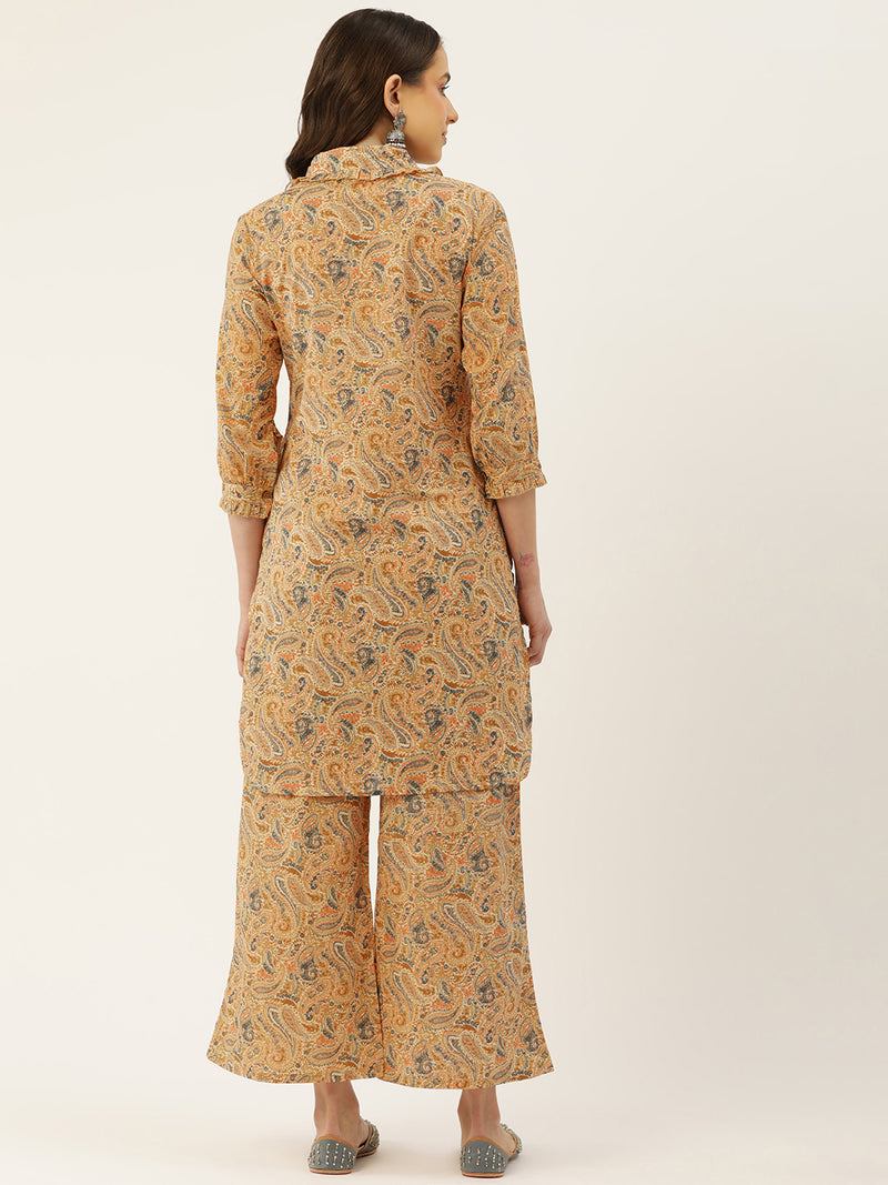 Multicolor Elegant Collared Co-Ord Set with Frill Detail & Elasticated Pants