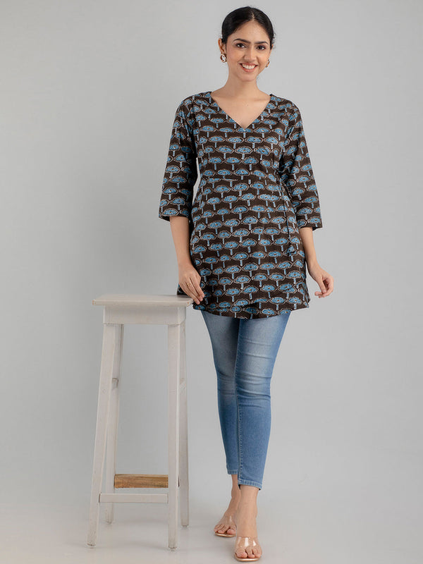 Floral Printed V-Neck Pure Cotton Angrakha A-Line Kurti