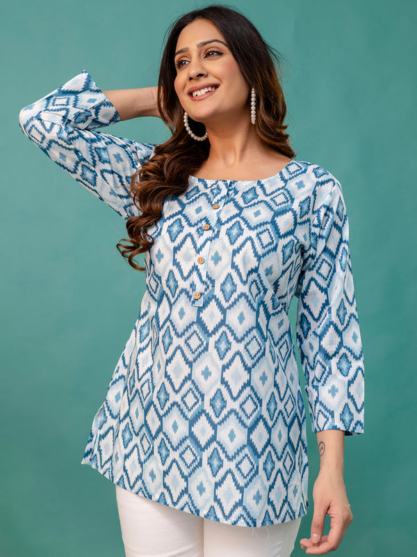 Chic Printed Short Kurti with Round Neck & 3/4 Sleeves
