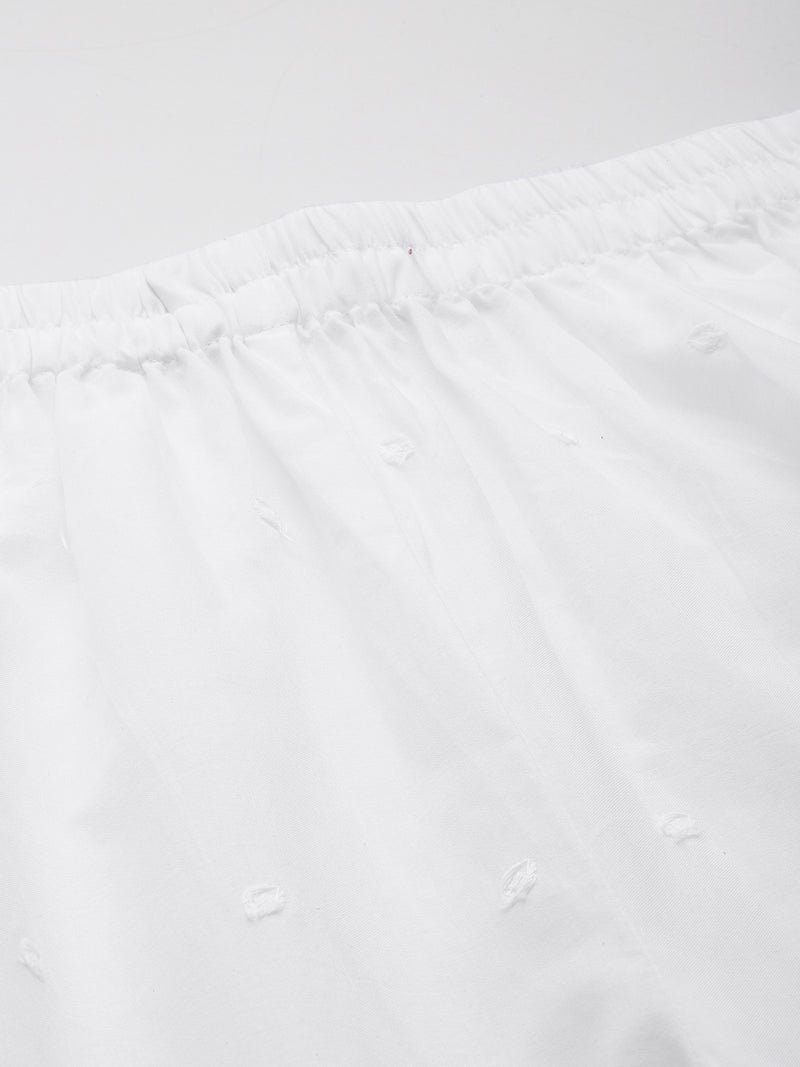 White White Embroidered Cotton Palazzos–Elastic Waist & Ankle-Length with Side Pocket