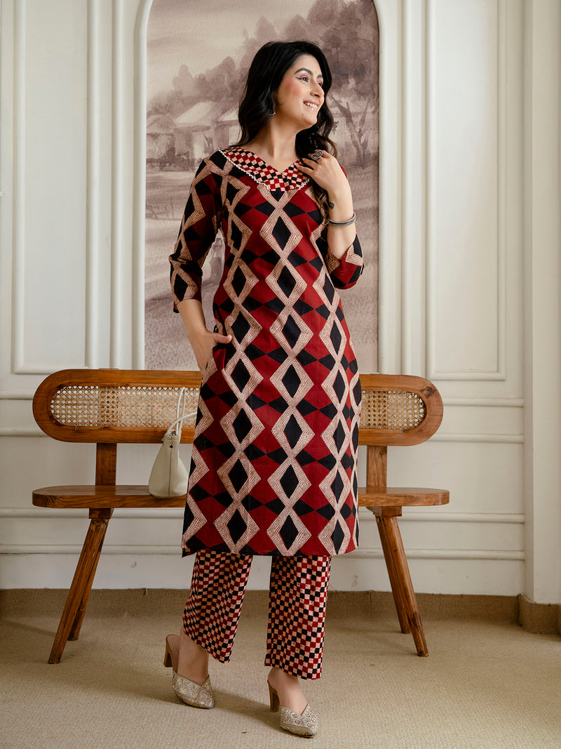 Bordered V-Neck 3-Piece Kurta Set with Ankle-Length Pants & Full-Length Dupatta (M–XXL)