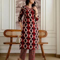 Bordered V-Neck 3-Piece Kurta Set with Ankle-Length Pants & Full-Length Dupatta (M–XXL)