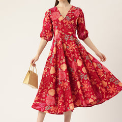 Women's Pure Cotton Floral Printed A-Line Gown with 3/4 Puff Sleeves & V-Neck