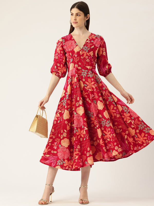 Women's Pure Cotton Floral Printed A-Line Gown with 3/4 Puff Sleeves & V-Neck