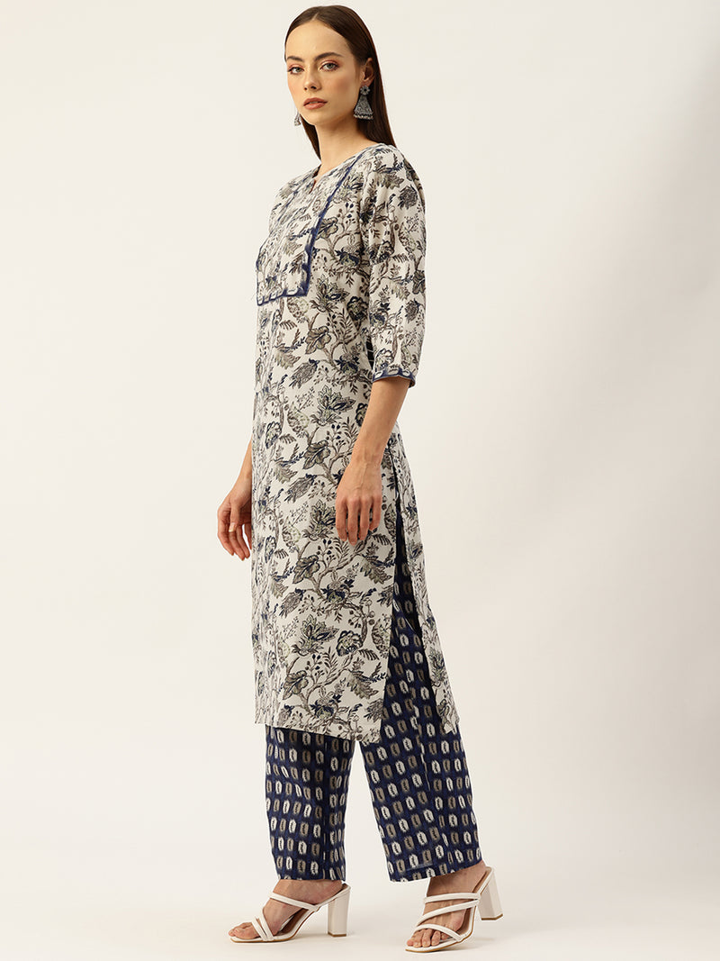 Round V-Cut Neck 3-Piece Kurta Set with Ankle-Length Pants & Full-Length Dupatta (Size S-XXL).