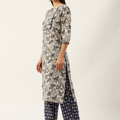 Round V-Cut Neck 3-Piece Kurta Set with Ankle-Length Pants & Full-Length Dupatta (Size S-XXL).