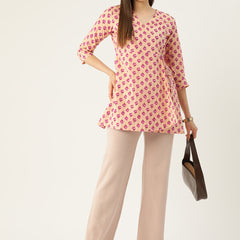 Floral Print Angrakha 3\4 Sleeves Flared Kurti