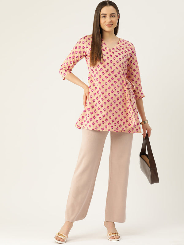 Floral Print Angrakha 3\4 Sleeves Flared Kurti