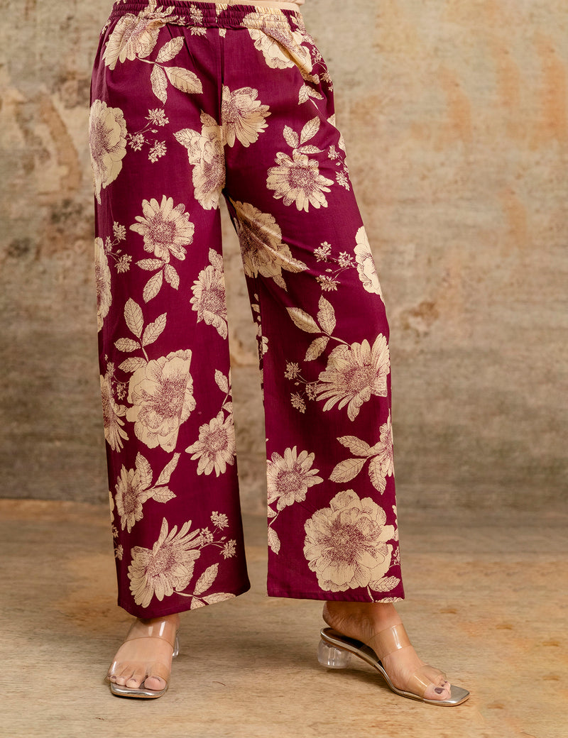 Purple Women’s Co-Ord Set–Printed Collared Kurta with 3/4 Sleeves & Elastic Waist Pants