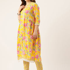 A-line Dupatta Sets - V-Neck, 3/4 Sleeves, Lace Work, Elastic Waistband Pants with Pockets & Full-Length Dupatta (M-XXL)