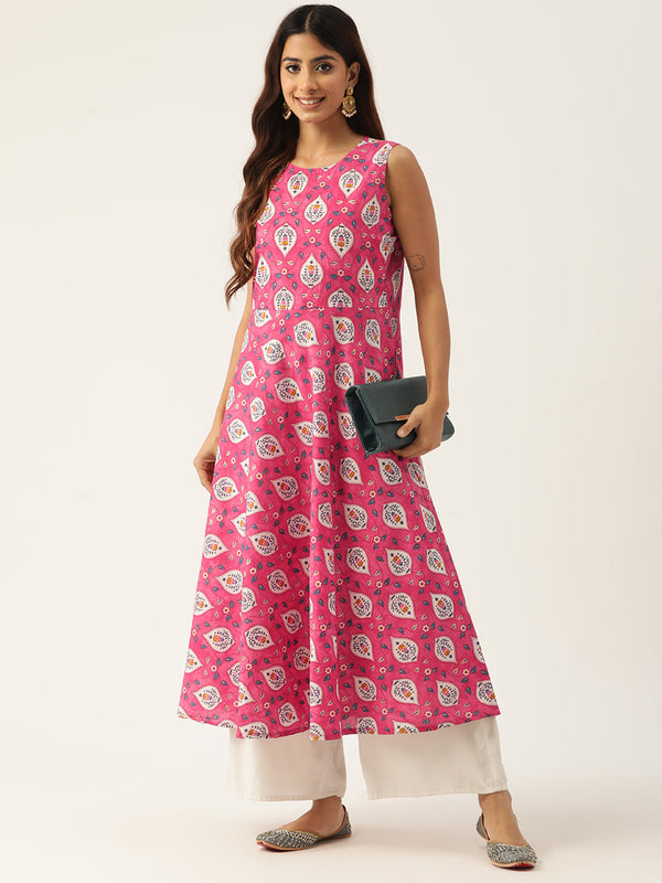 Cotton Printed Sleeveless A-Line Flared Kurti