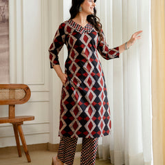 Bordered V-Neck 3-Piece Kurta Set with Ankle-Length Pants & Full-Length Dupatta (M–XXL)