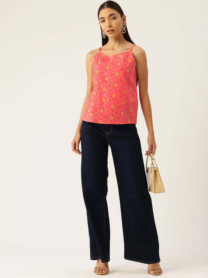 Relaxed fit strappy sleeveless top digitally printed on linen fabric.  | Size- Small |  Colour - Red, Yellow