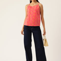 Relaxed fit strappy sleeveless top digitally printed on linen fabric.  | Size- Small |  Colour - Red, Yellow