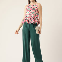 Cropped Sleeveless strap Peplum top with digital print on linen fabric.| Size- Small| Colour - White, Pink, Green