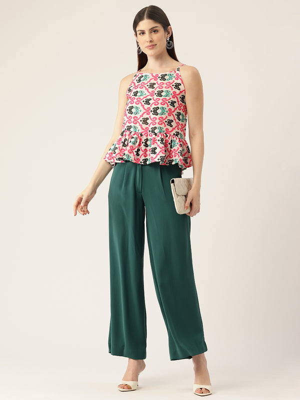 Cropped Sleeveless strap Peplum top with digital print on linen fabric.| Size- Small| Colour - White, Pink, Green