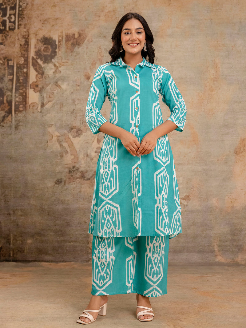 Light Green Women’s Co-Ord Set–Printed Collared Kurta with 3/4 Sleeves & Elastic Waist Pants