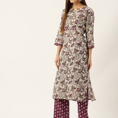 Round V-Cut Neck 3-Piece Kurta Set with Ankle-Length Pants & Full-Length Dupatta (Size S-XXL).